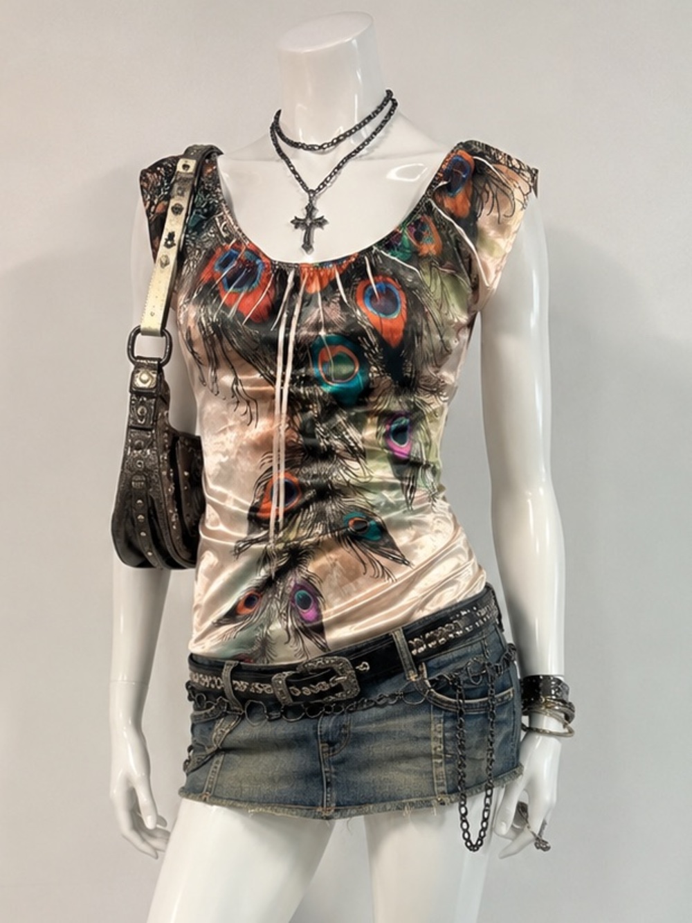 XXI Y2K Boho Beige Peacock Feather Print Satin Shell Top